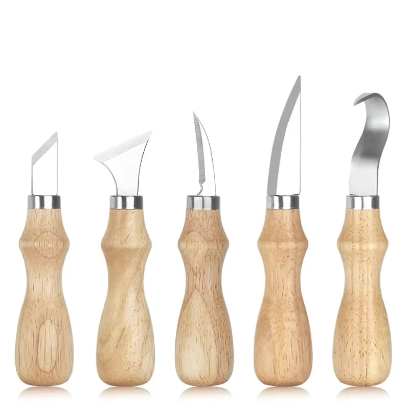 5pc Wood Carving Tools Set Oak Handle Curved Knife For Arts Crafts Tools For Hand Carving Wood Sharp Portable Natural Wood Color