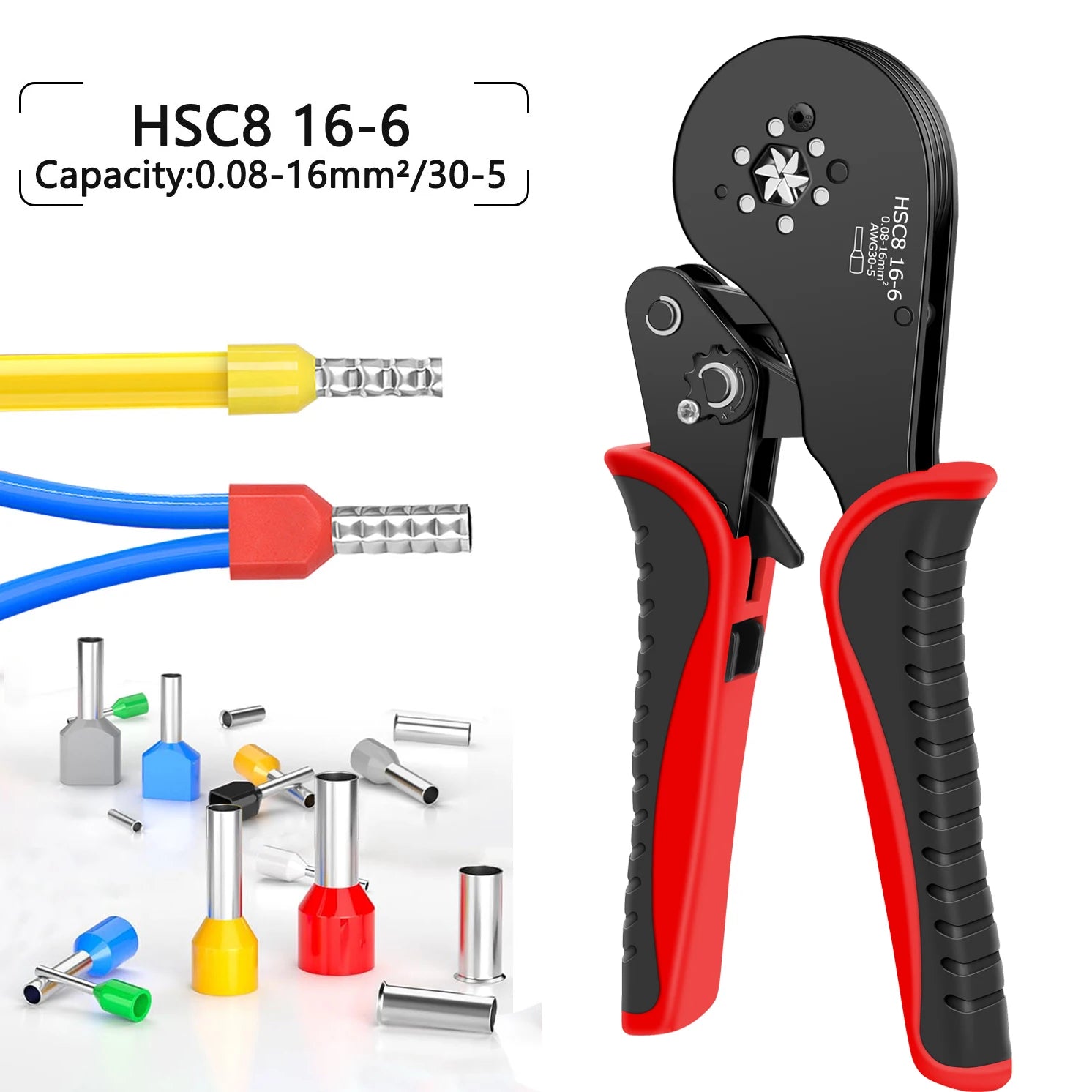 HSC8 16-6 Ferrule Crimping Tool Tubular Terminal Crimper For Large Size Terminals Electrical Clamps 0.08-16mm²/30-5AWG Plier