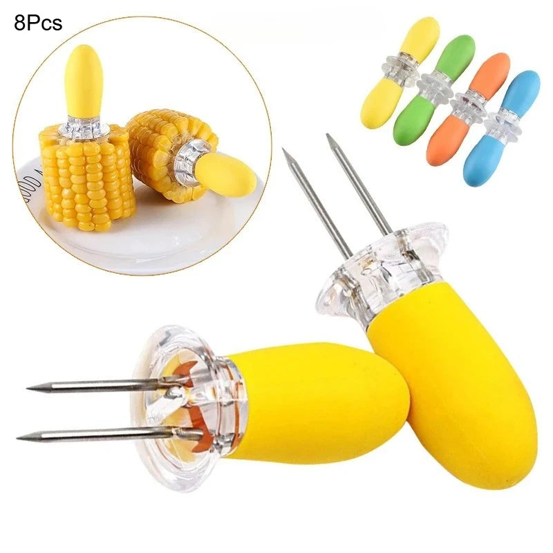8Pcs Stainless Steel Corn Forks Holder BBQ Prongs Skewers Fork Hot Dog Fruits Corn On The Cob Fork Kitchen Gadget BBQ Tools