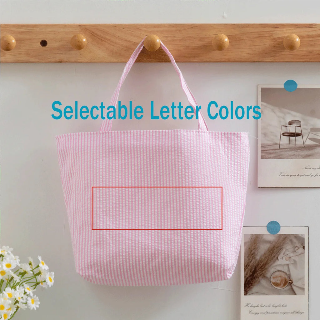 Custom Seersucker Cosmetic Handbag and Travel Organizer — Personalized Chenille Letter Toiletry Bag and Summer Beach Tote
