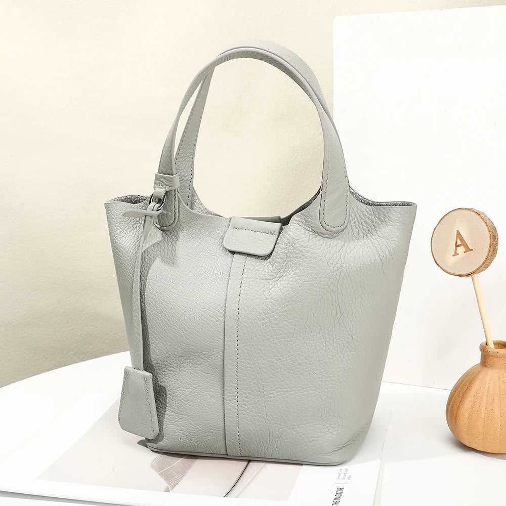 Ladies Full Grain Top Layer Cow Leather 2pcs Bag Set Small Tote Bucket Handbag Detachable Strap Crossbody Bag with Matching Clut
