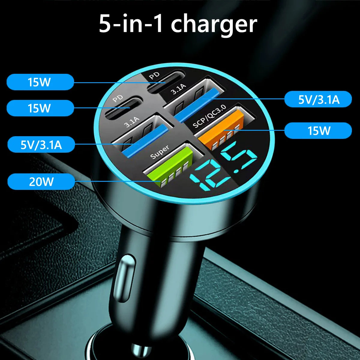 Car-mounted super fast charging charger, car-mounted adapter, USB charging with multiple interfaces, 6-in-1 universal car charge