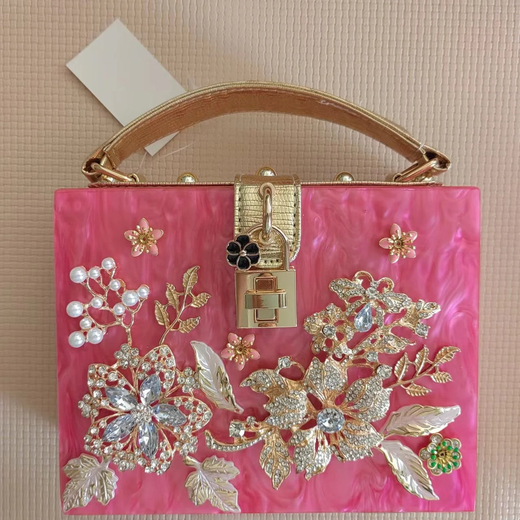 Luxury Designer Shimmer Acrylic Box Glitter Rhinestones Diamond Evening Bag Wedding Party Clutch Purse Shoulder Messenger Bag