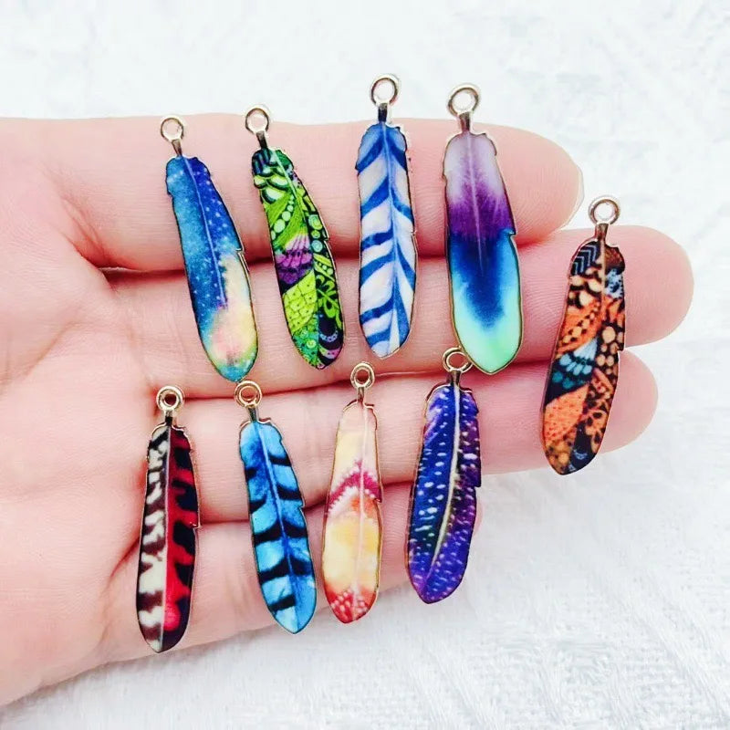 12pcs alloy printed peacock feather pendant, DIY jewelry making earrings, keychain accessories