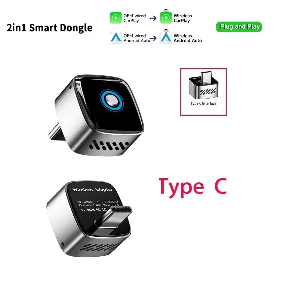 Skilldrive 2026 2 in 1 Mini Wireless CarPlay Adapter 2 Phones One-Tap Switch Android Auto AI Smart Box for Wired CarPlay Car