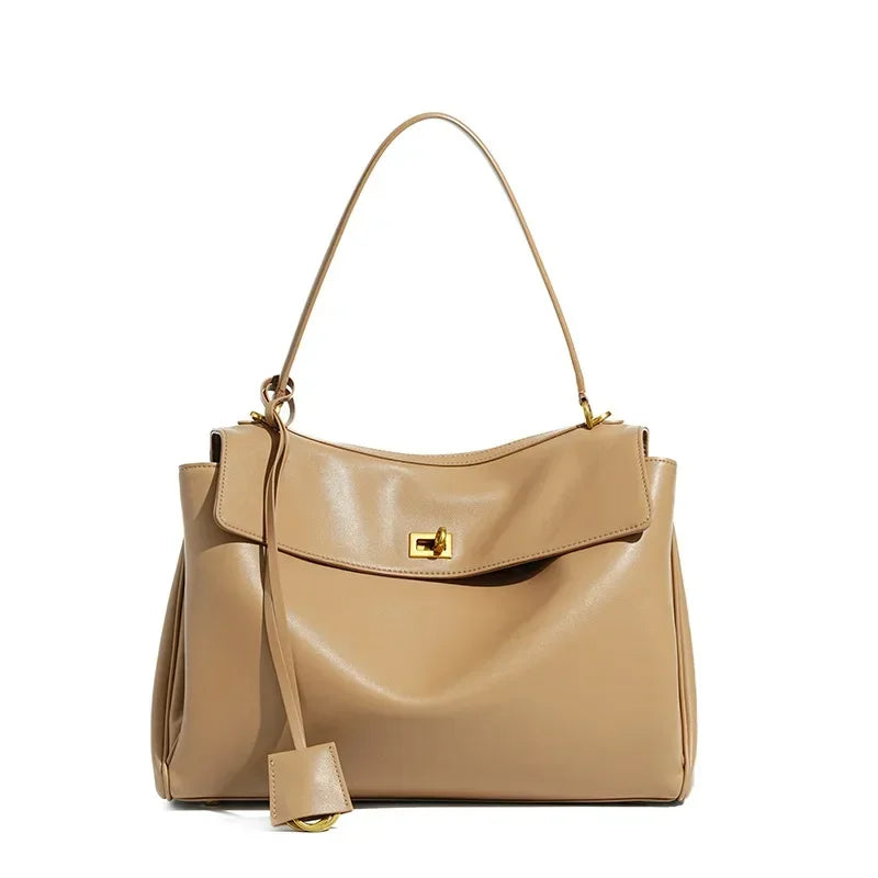New Women's Large Capacity Leather Rodeo Bag Fashion Advanced Lock Design High Sense Underarm Shoulder Bag