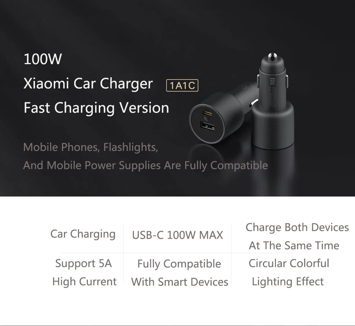 Original MIJIA 100W Car Charger Dual USB Quick Charge Wireless Mi Car Charger 100W USB-A USB-C Dual Output LED Power