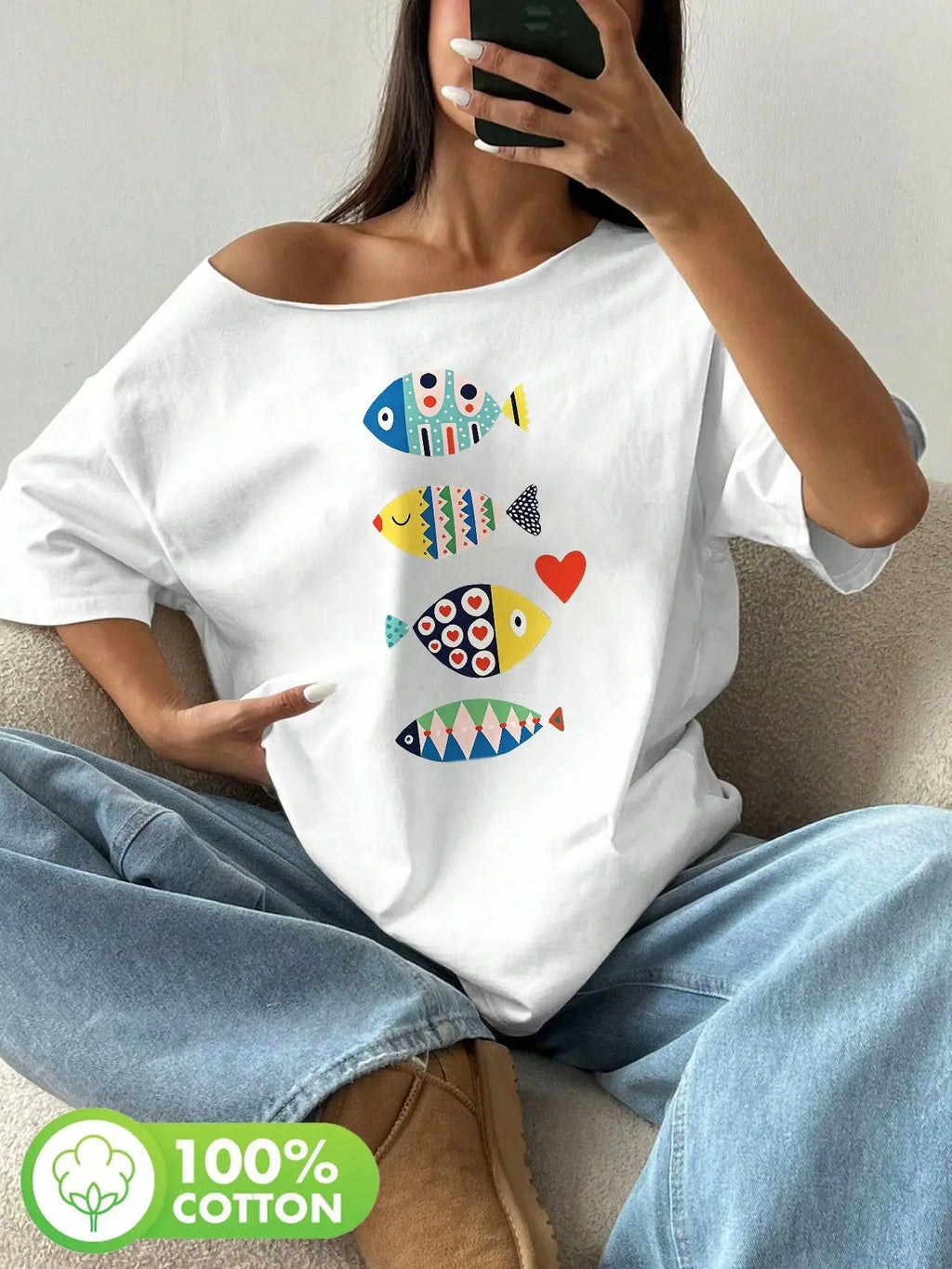 Plus Size Vertical Colorful Geometric Fish Pattern Print T-Shirt Oversized Y2K Style Graphic Tees Women Tops Summer Off The S