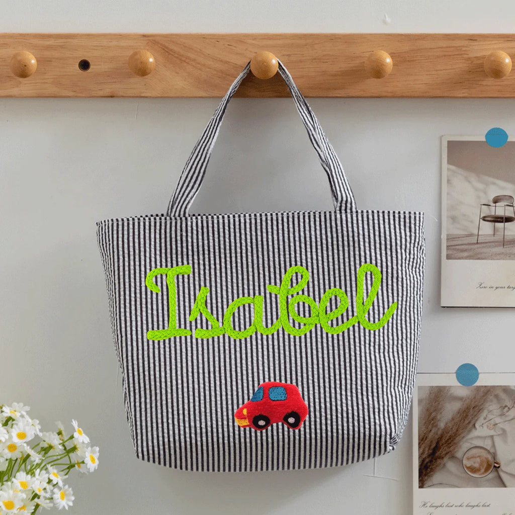 Custom Seersucker Cosmetic Handbag and Travel Organizer — Personalized Chenille Letter Toiletry Bag and Summer Beach Tote