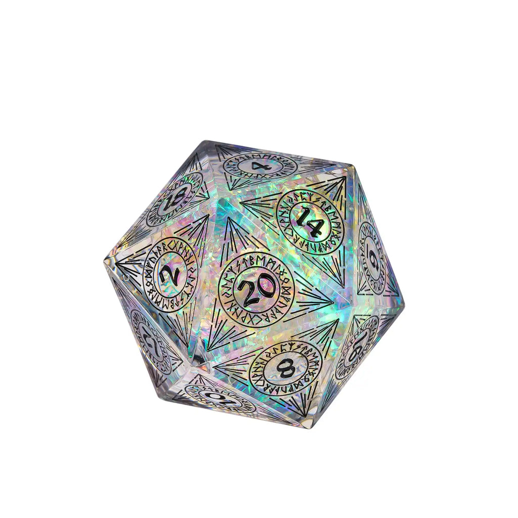 Cusdie 33mm Rainbow Film D20 Dice, 20 Sided Resin Sharp Edges Dice, Single D20 Polyhedral Dice, for Role Playing Board Game