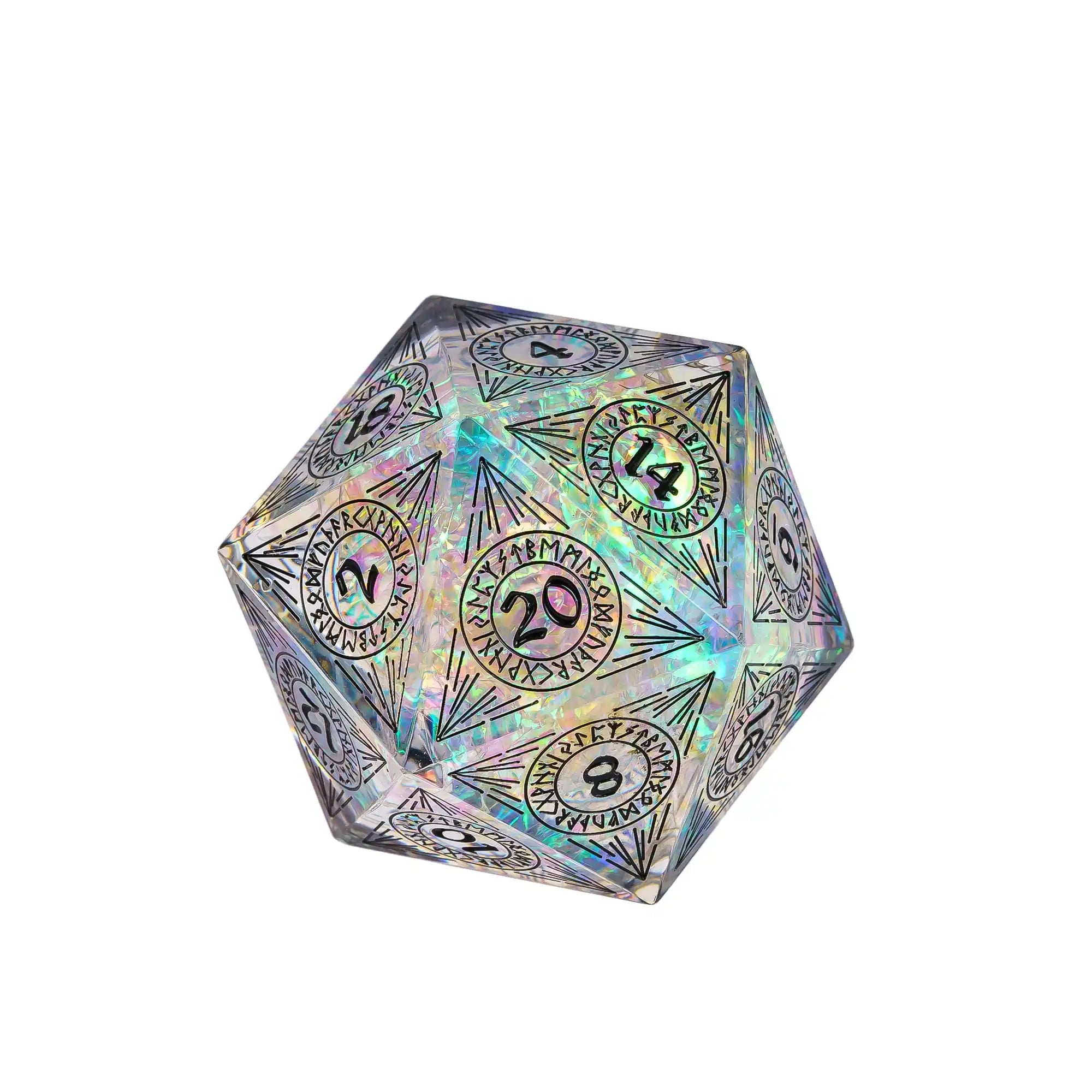 Cusdie 33mm Rainbow Film D20 Dice, 20 Sided Resin Sharp Edges Dice, Single D20 Polyhedral Dice, for Role Playing Board Game