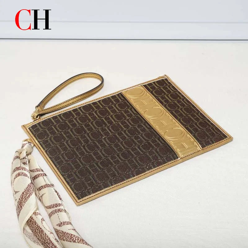 CH Print Zipper Clutch Bag Women Designer Luxury Wristlet Handbag Large Capacity Evening Purse With Silk Scarf