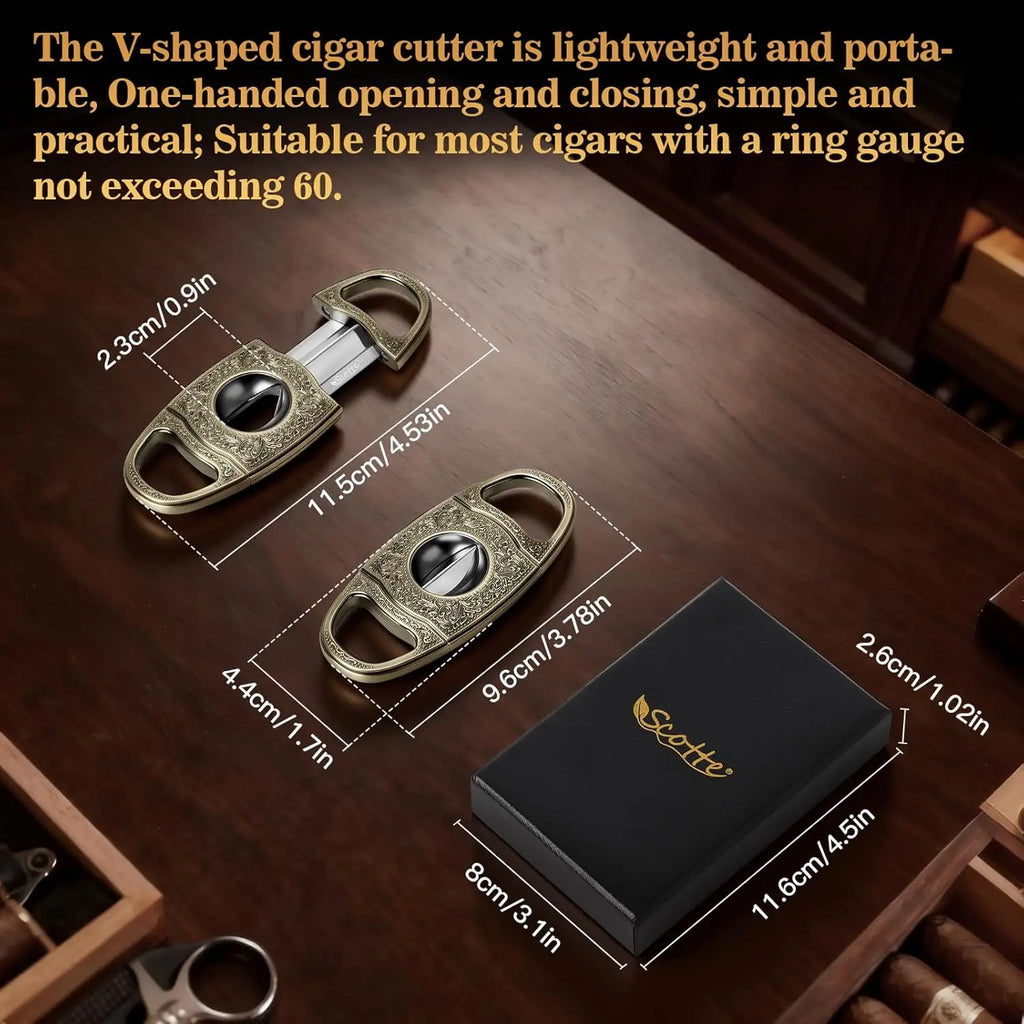 Cigar Cutter,Bronze Engraved V Cut Cigar Cutter Guillotine,Stainless Steel Blade Sharp Cigar Clippers,Cigar Accessories for Men