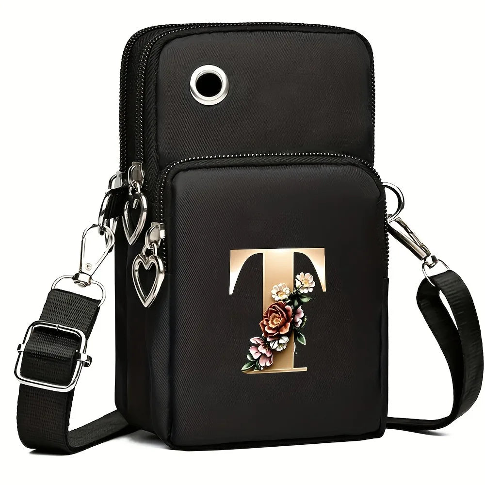 Fashion A-Z Letter Print Women's Crossbody Bag Large Capacity Three-Layer Zipper Phone Bag Daily Travel Coin Purse