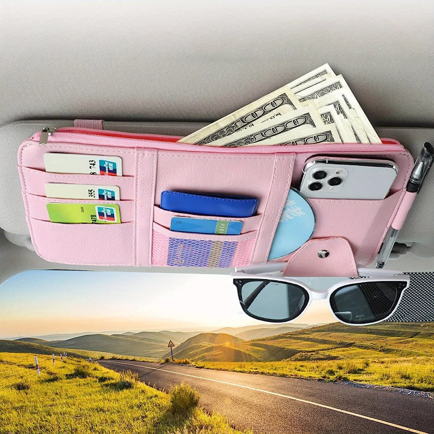 Car Visor Organizer, Auto Interior Accessories, Car Truck SUV Storage Pouch Holder, with Multi-Pocket Net Zipper