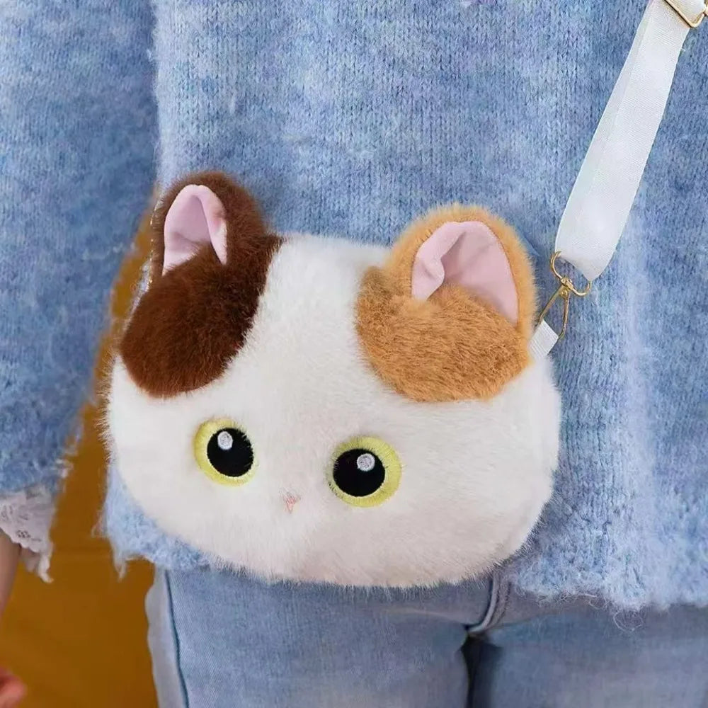 Cute Big Head Cat Crossbody Bag Fluffy Lightweight Cat Shoulder Bag Simulation Versatile Handbag Adult Kid Teenager