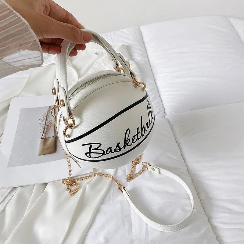 Basketball Shaped Crossbody Bag, Trendy Y2K Chain Shoulder Bag, PU Leather Top Handle Circle Purse Purses and Handbags Hand Bags