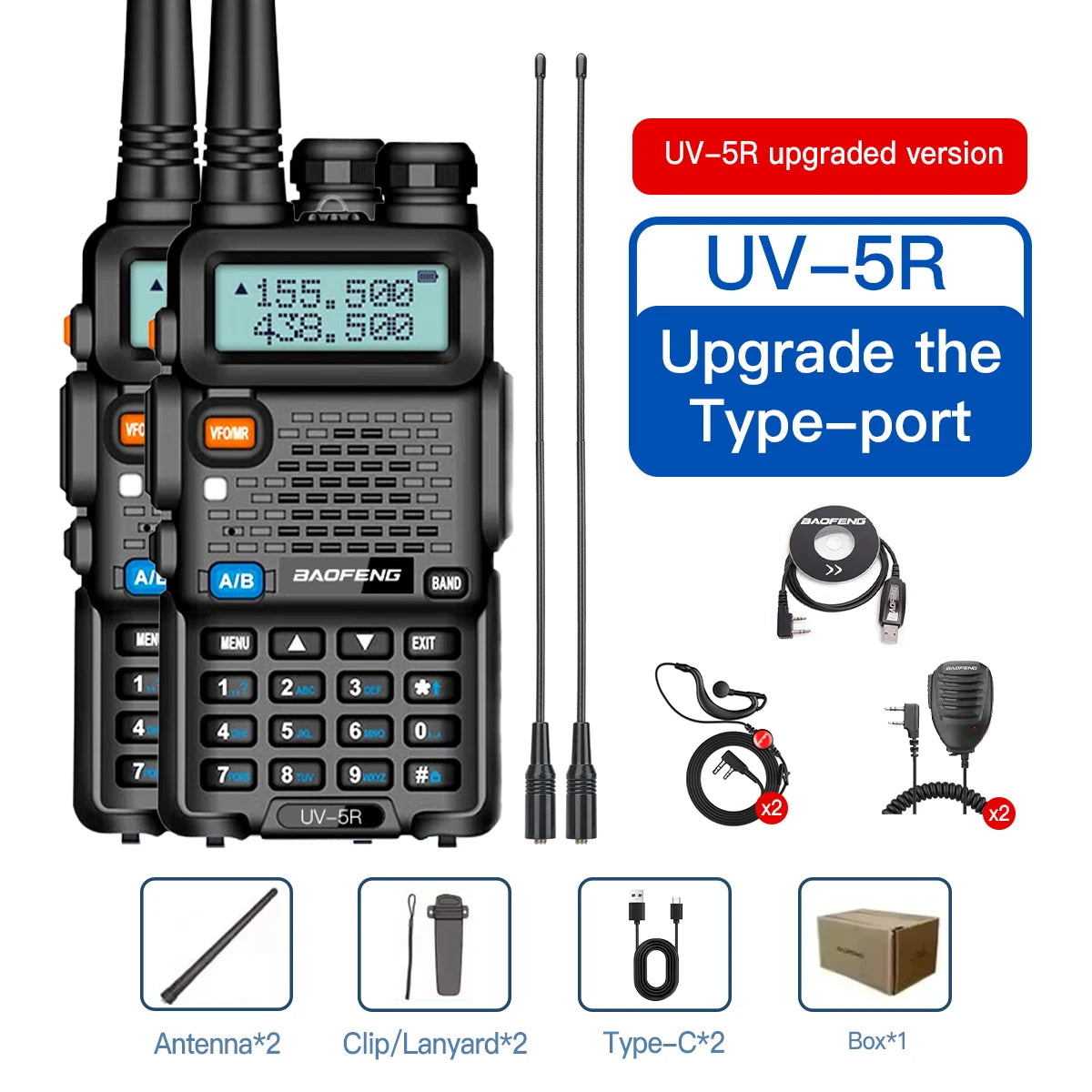 1PC/2PCS baofeng uv 5r USB Long Range Ham Amateur With FM Radio Long Range Portable Two Way Radio Baofeng CB Radio walkie talkie