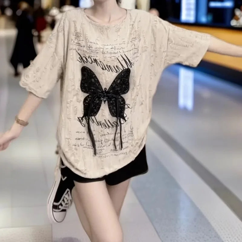 Aged and distressed lace, breathable, loose, butterfly-style summer new Korean version fashionable and chic vacation-style top