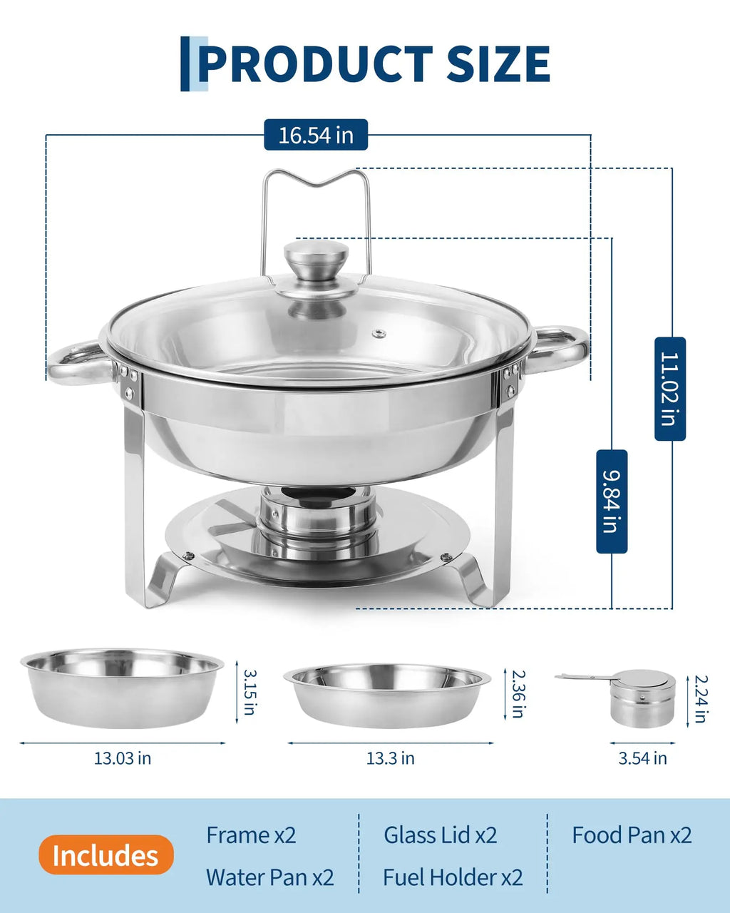 2 Pack 5QT Round Stainless Steel Chafing Dishes Buffet Set with Visible Glass Lid Holder Buffet Food Warmers for Parties Dinners Catering Events