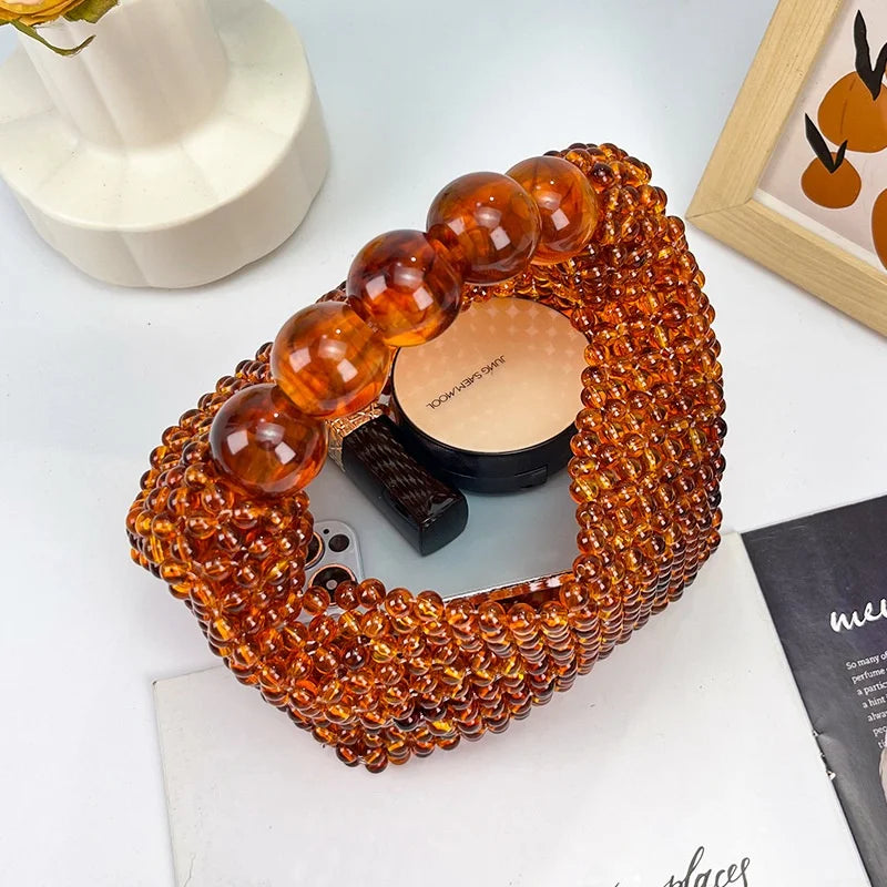 Handmade Beaded Large Capacity Dumpling Shape Women's Fashion Handbag Party Bag Wind Amber Color Handheld Bag Carryall Tote