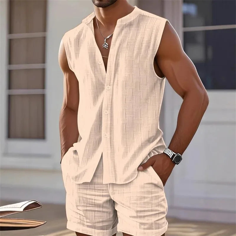 Men's vest shirt, sleeveless top and shorts two-piece checkered set, casual and fashionable Hawaiian beach set