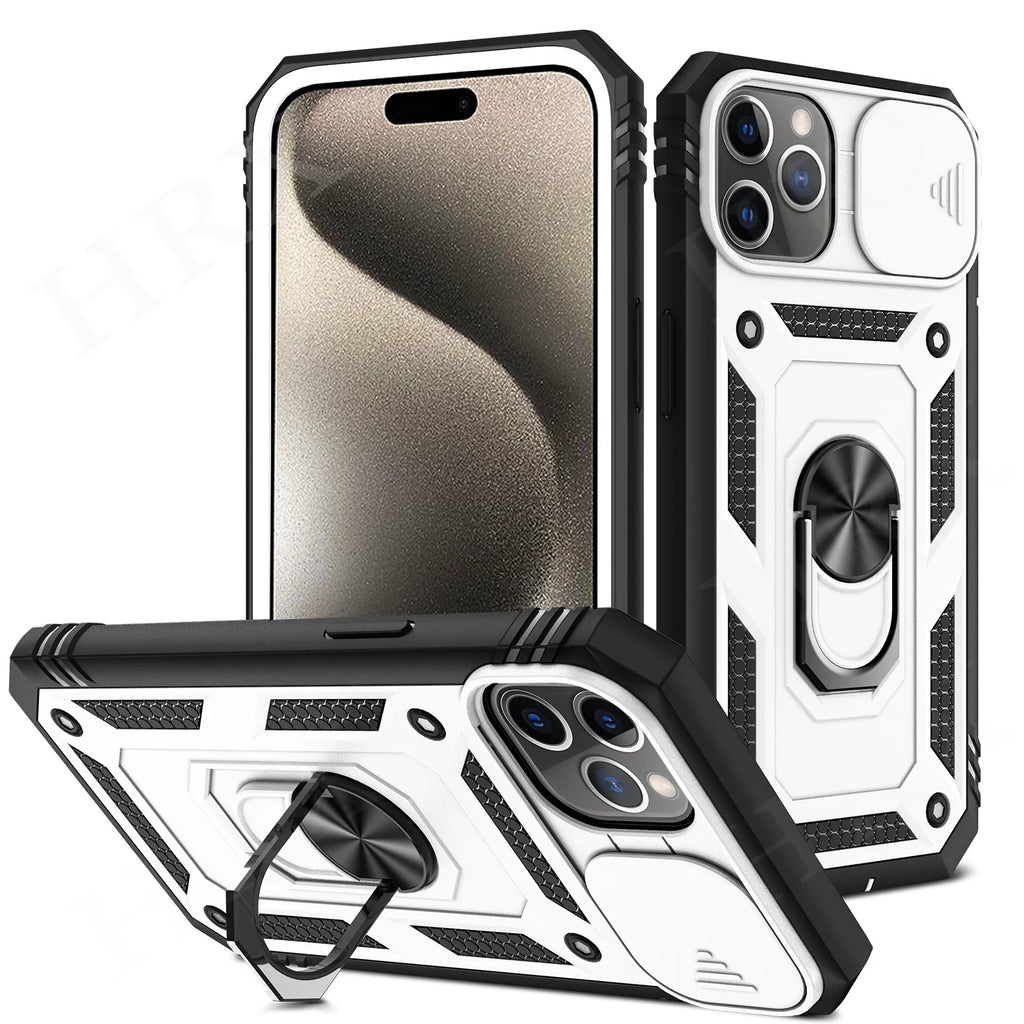 Case For iPhone 16 15 14 Pro Max 13 12 11 Pro Plus 360 Full Body Rugged Protective Slide Camera Stand Protection Ring Cover