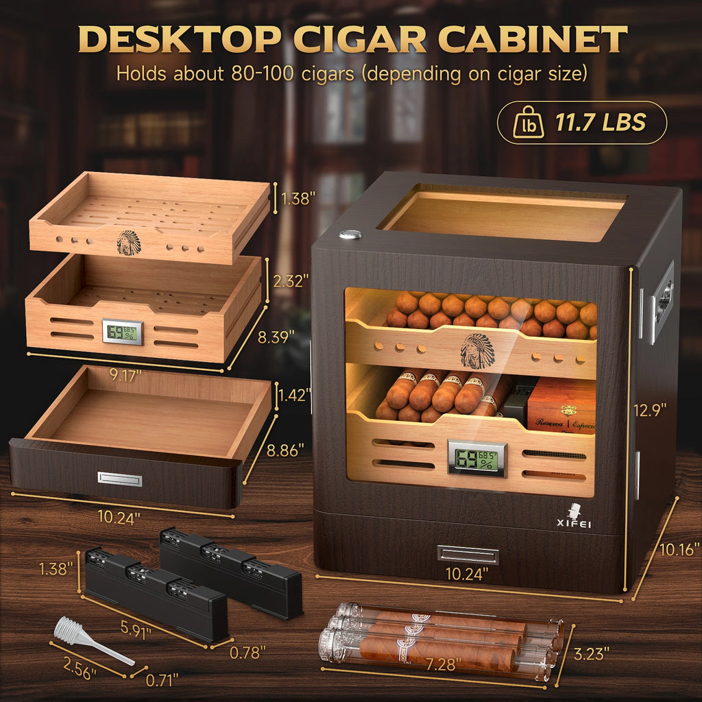 Cigar Humidor Cabinet,LED Lighting,Digital Hygrometer,2 Humidifiers,Cigar Tube,Desktop,Cedar Wood,with Drawer up to 100 Cigars