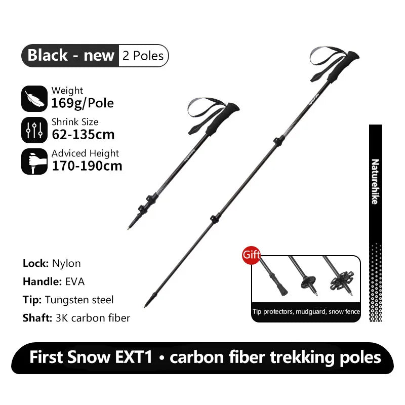 Naturehike Walking Stick First Snow EXT1 Carbon Fiber Hiking Poles 3 Section Ultra-light Telescopic Outdoor Climbing Hiking Cane