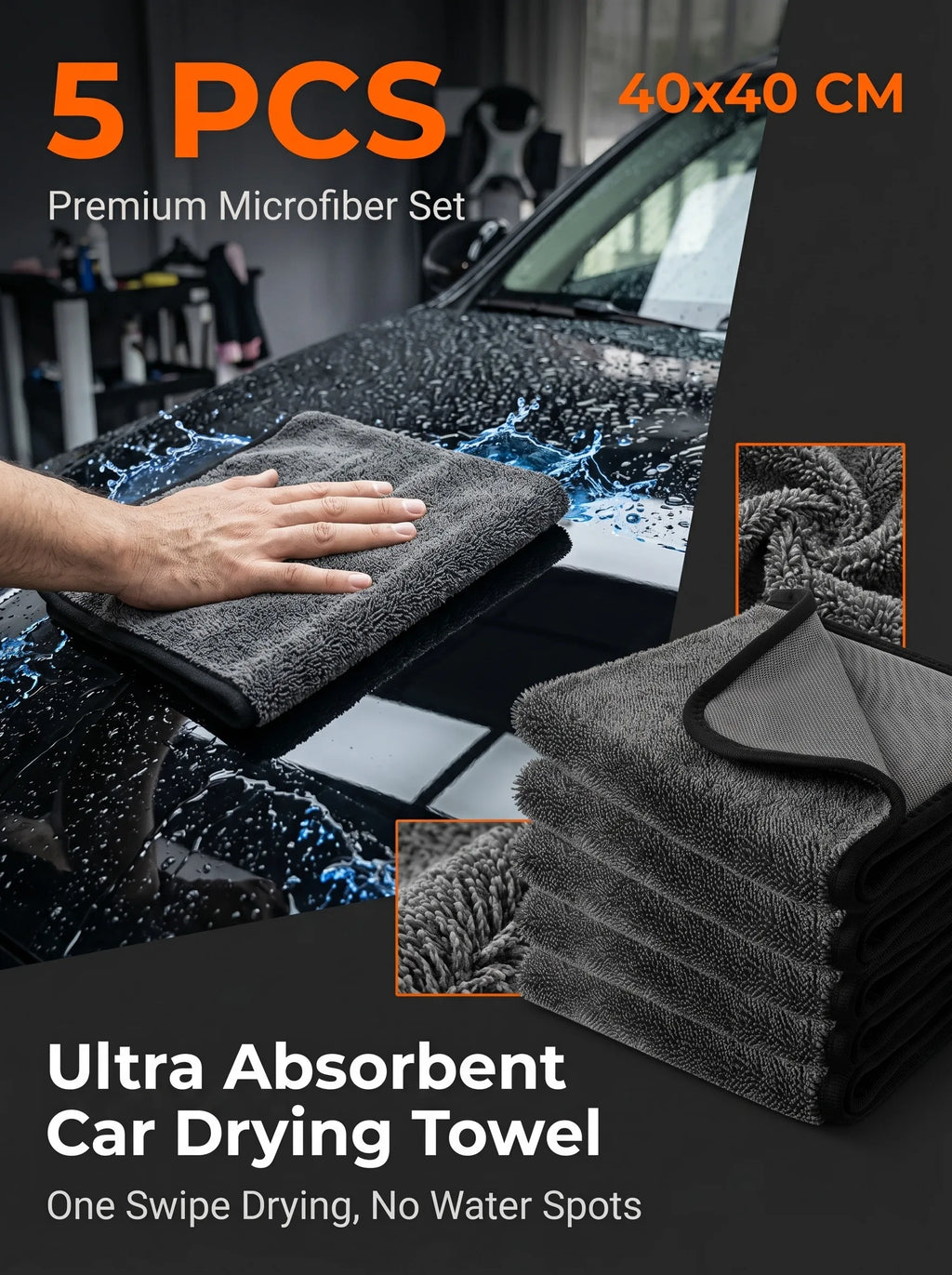 5PCS 600GSM Microfiber Car Wash Towel Lint Free Edgeless Scratch Free Ultra Absorbent Auto Detailing Drying Cleaning Cloth