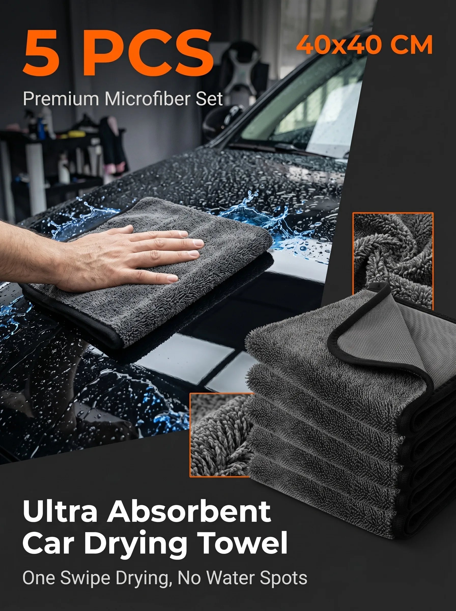 5PCS 600GSM Microfiber Car Wash Towel Lint Free Edgeless Scratch Free Ultra Absorbent Auto Detailing Drying Cleaning Cloth