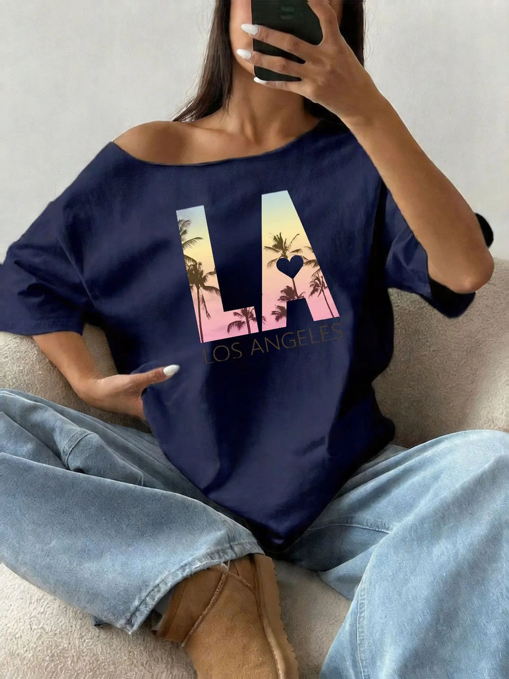 100% Cotton Plus Size Los Angeles Palm Tree Sunset Graphic Shoulder Loose Print T-Shirt Oversized Y2K Style Graphic Tees Wome