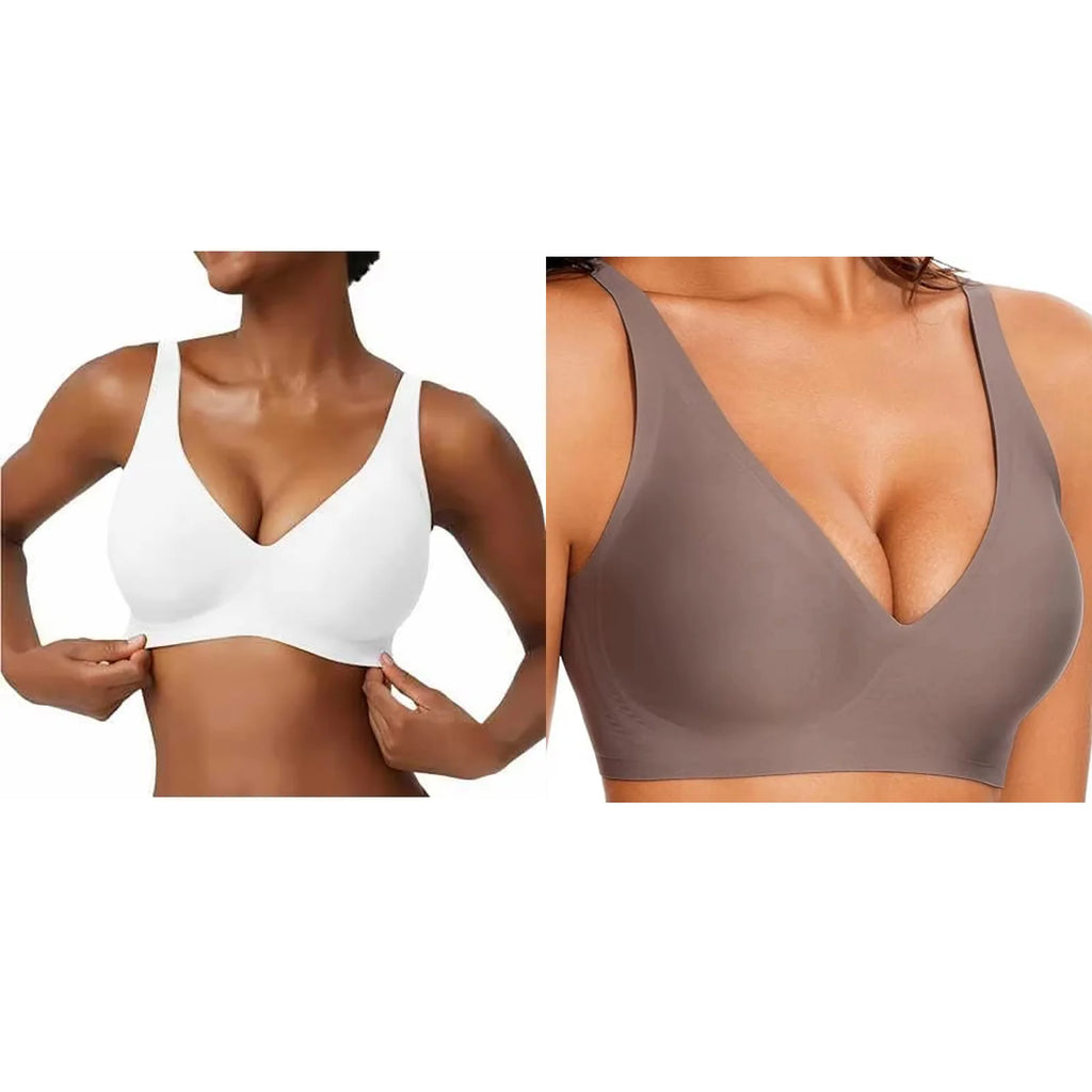 Women's Seamless Pink Leopard Print Bra Wire-Free Bra Full Cup Soft Thin Mold Support Breathable and Beauty Deep V Plus Up Bra