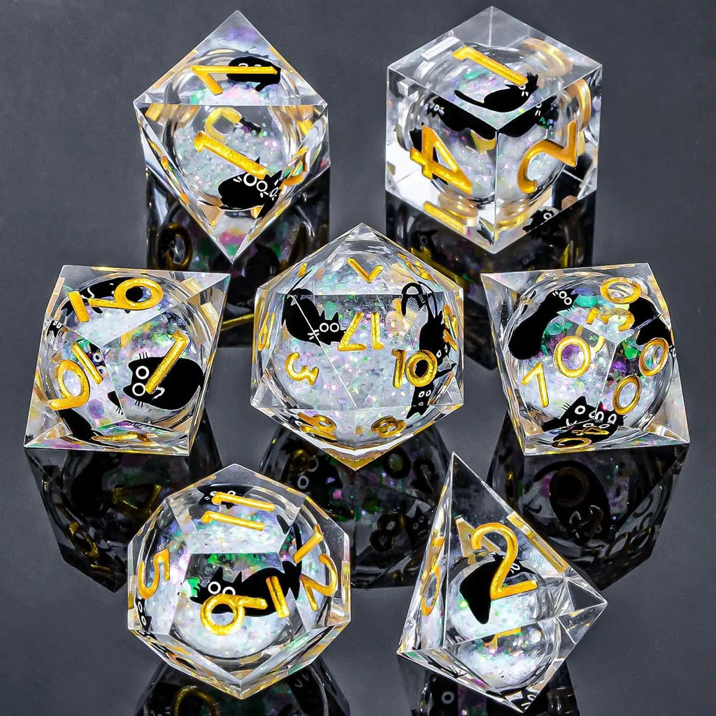 Cat Resin Dice Set DND, Liquid Core D&D Dice, Cute Dungeon and Dragon Dice, Sharp Edge Role Playing Dice D20 D12 D10 D8 D6 D4