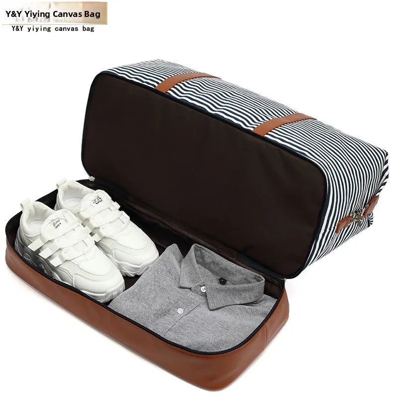 Fashionable Striped Canvas Travel Bag Waterproof Handheld Luggage PU Sports Bag Storage Wet And Dry Separation Bag Leisure Tr...