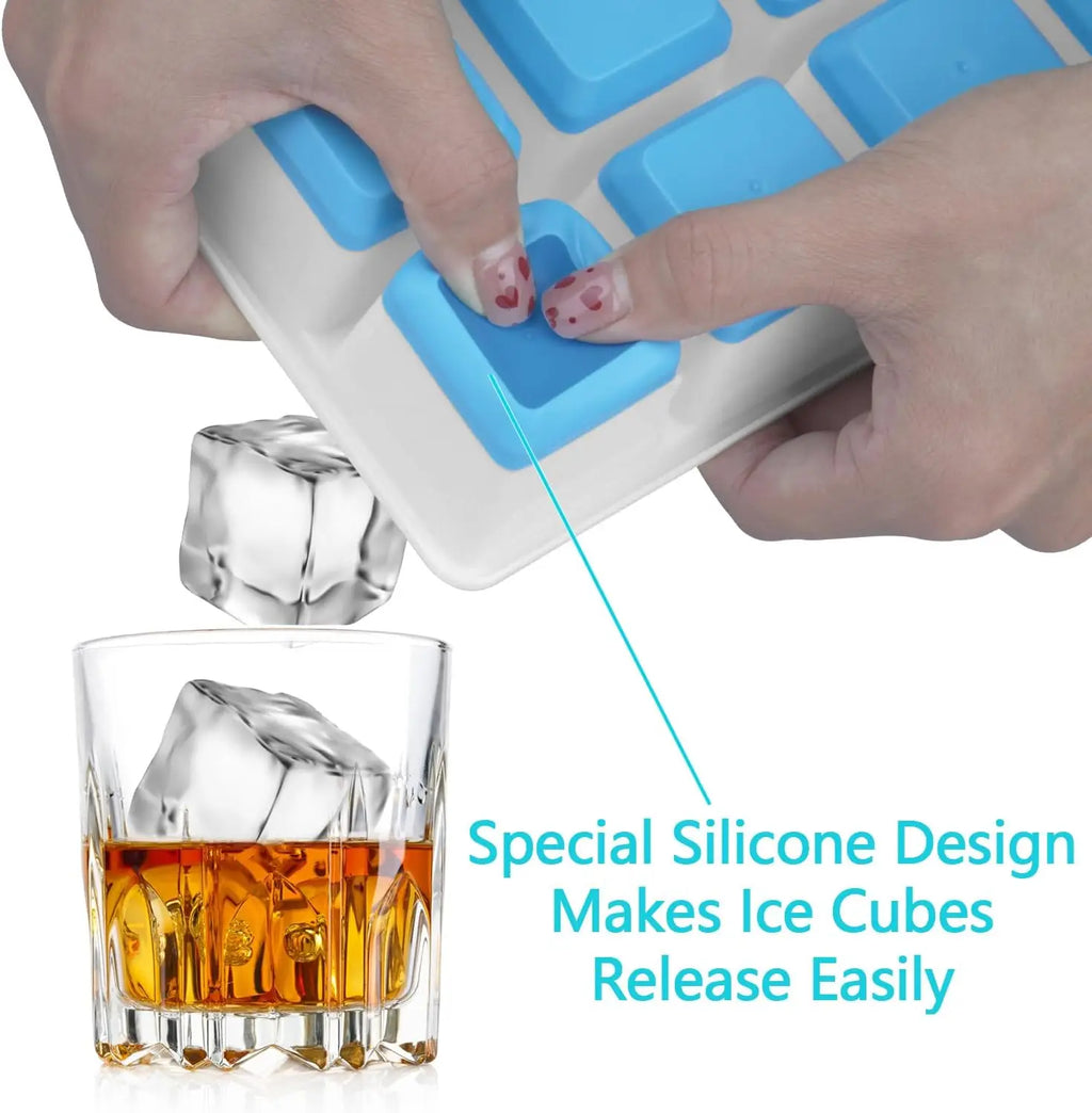 Large Ice Cube Trays 2 Pack, Silicone Easy-Release Molds with Lids, 1.8" Big Square Cubes for Whiskey & Cocktails, BPA Free & Dishwasher Safe