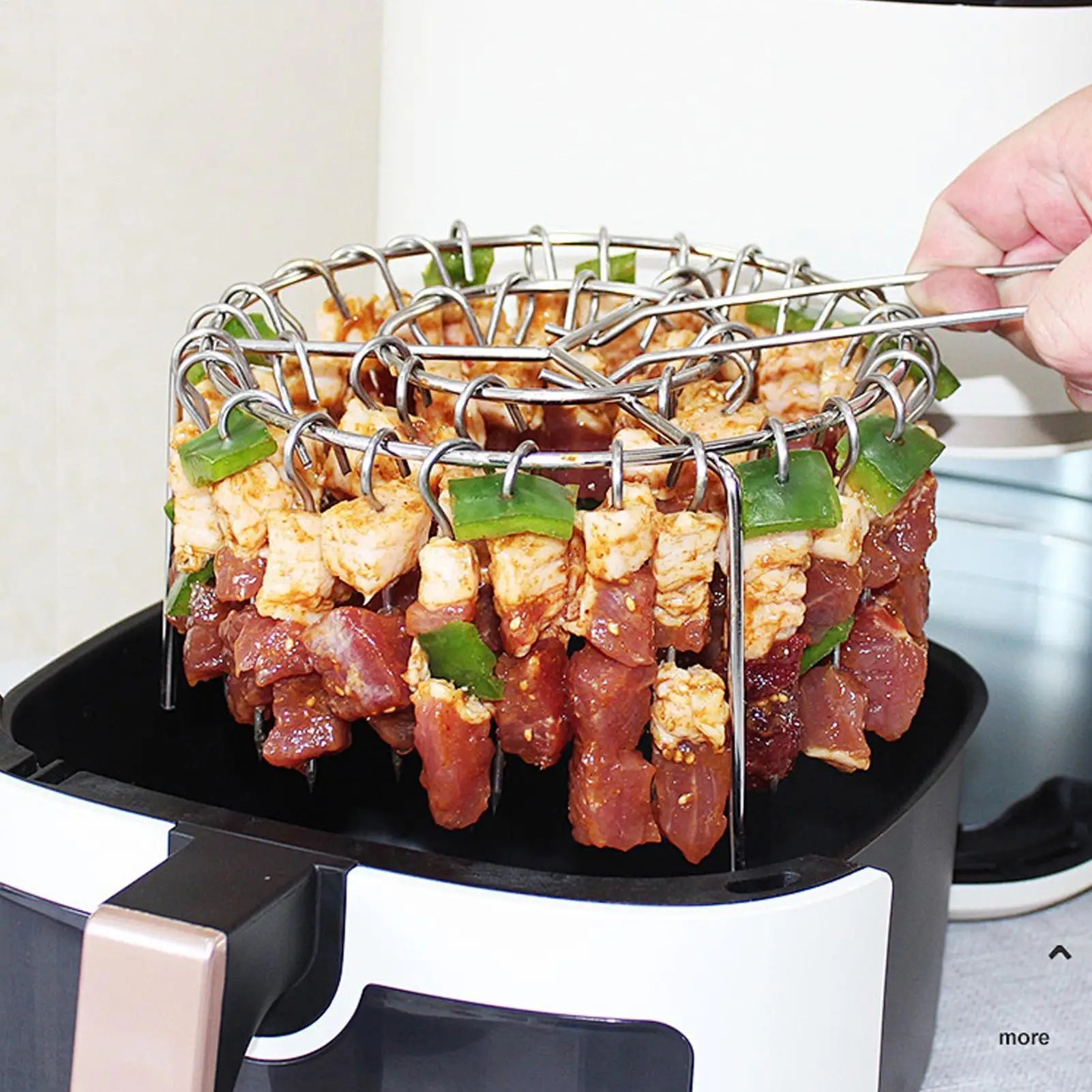 Portable Stainless Steel Air Fryer Grill Round with Grilled Skewers Hanging Skewers Rack Barbecue Grill for Home Kitchen Outdoor