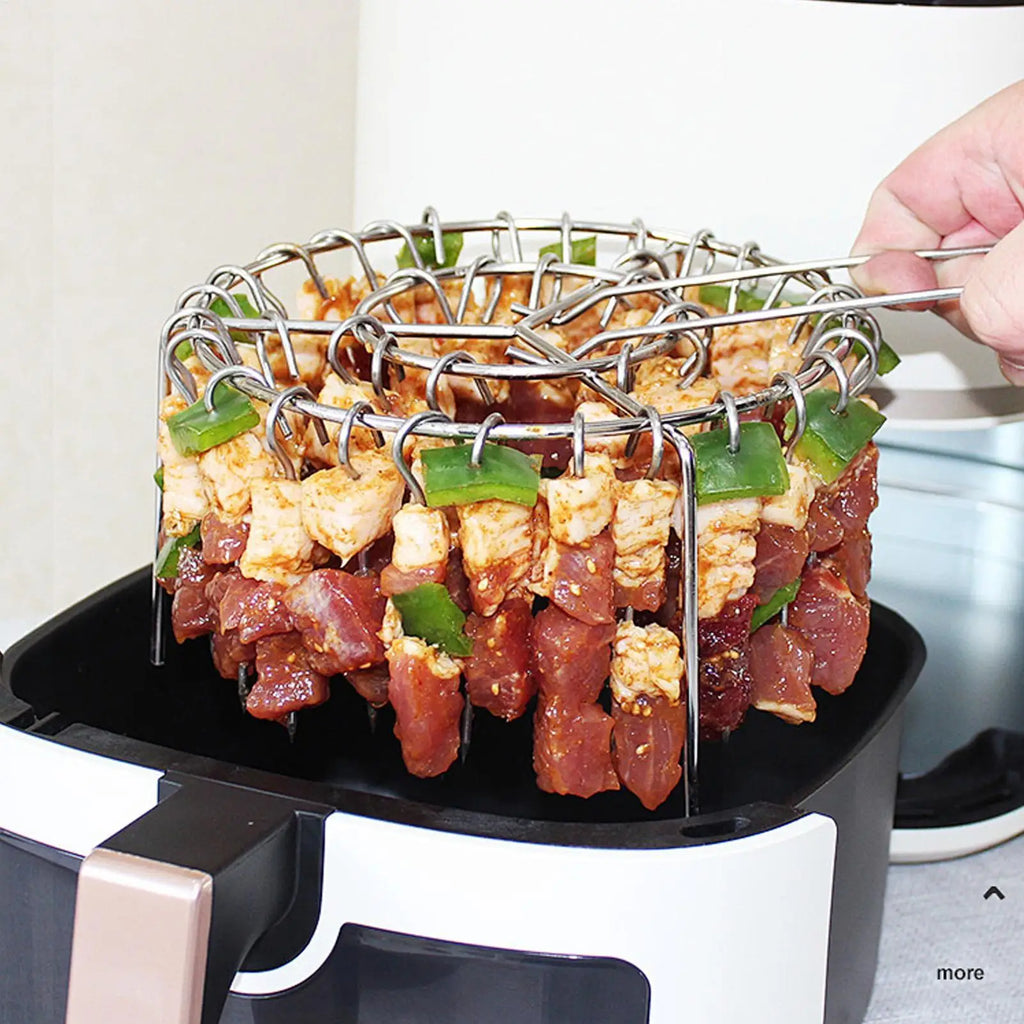Portable Stainless Steel Air Fryer Grill Round with Grilled Skewers Hanging Skewers Rack Barbecue Grill for Home Kitchen Outdoor