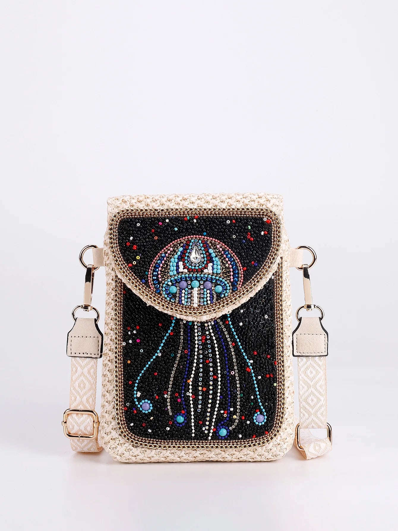 Advanced straw woven crossbody bag, new fashionable rice bead bag, European and American woven women's shoulder phone bag