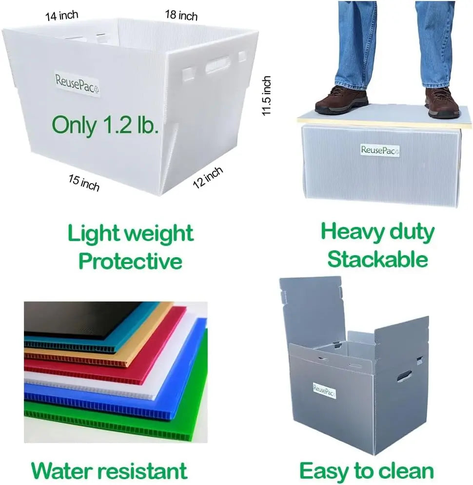 Reusable Foldable Box Corrugated PP Lightweight, Storage Moving Mailing, Heavy Duty Stackable, Tape Free Self-Locking Lid for Business Home (Gray, 18x14x12 in)