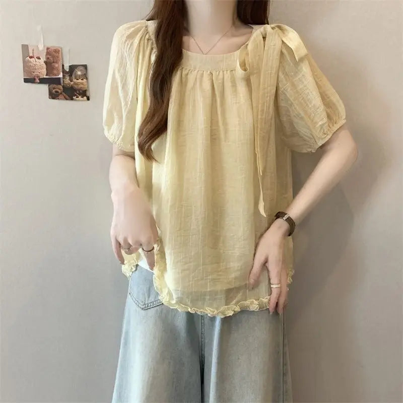 Large size women's clothing summer new solid color loose and cute style bow fungus edge round neck short-sleeved top