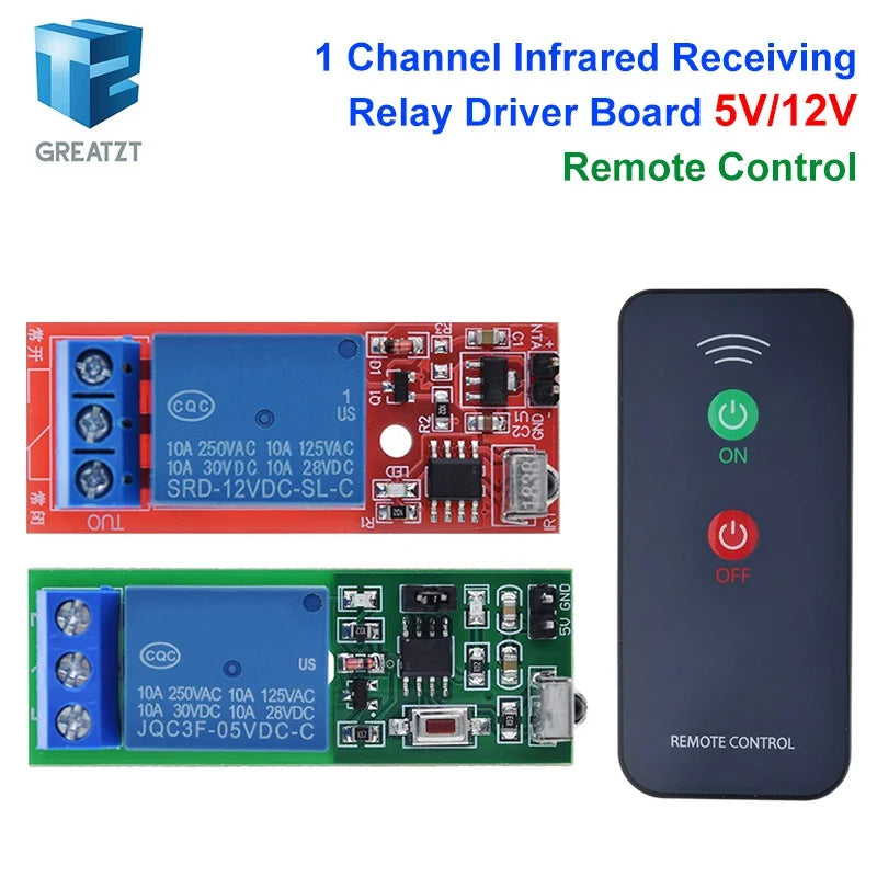 GREATZT IR 1 Channel Infrared Receiver Driving Switch Relay Driver Module Board 5V / 12V + Active Remote Controller