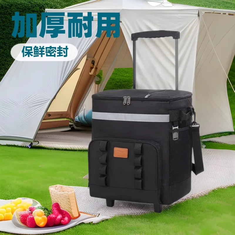 Rolling Cooler Bag with Handle Large Insulated Tote for Picnic, Camping, Car Travel Wheeled Thermal Lunch Box Portable