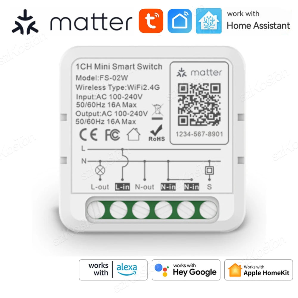 Matter WiFi Smart Switch 16A Smart Home Light Switch Relay Module Voice Control Work with Alexa Google Homekit Tuya Smartlife