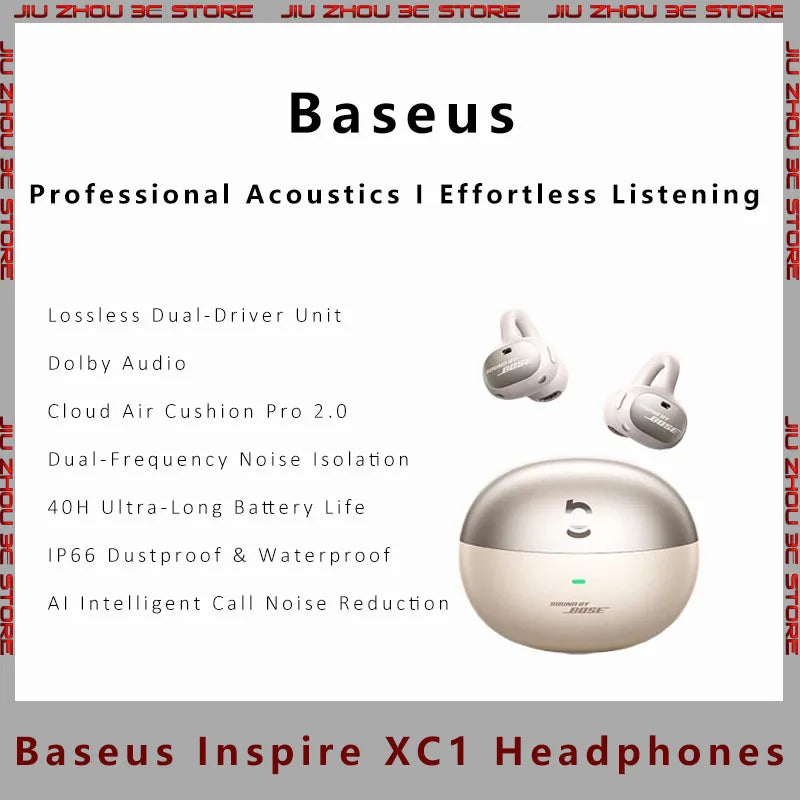 Baseus Inspire XC1 Open Ear Clip Bluetooth Headphones Knowles Hybrid Dual Driver Hi Res Audio LDAC Certified Dolby Audio