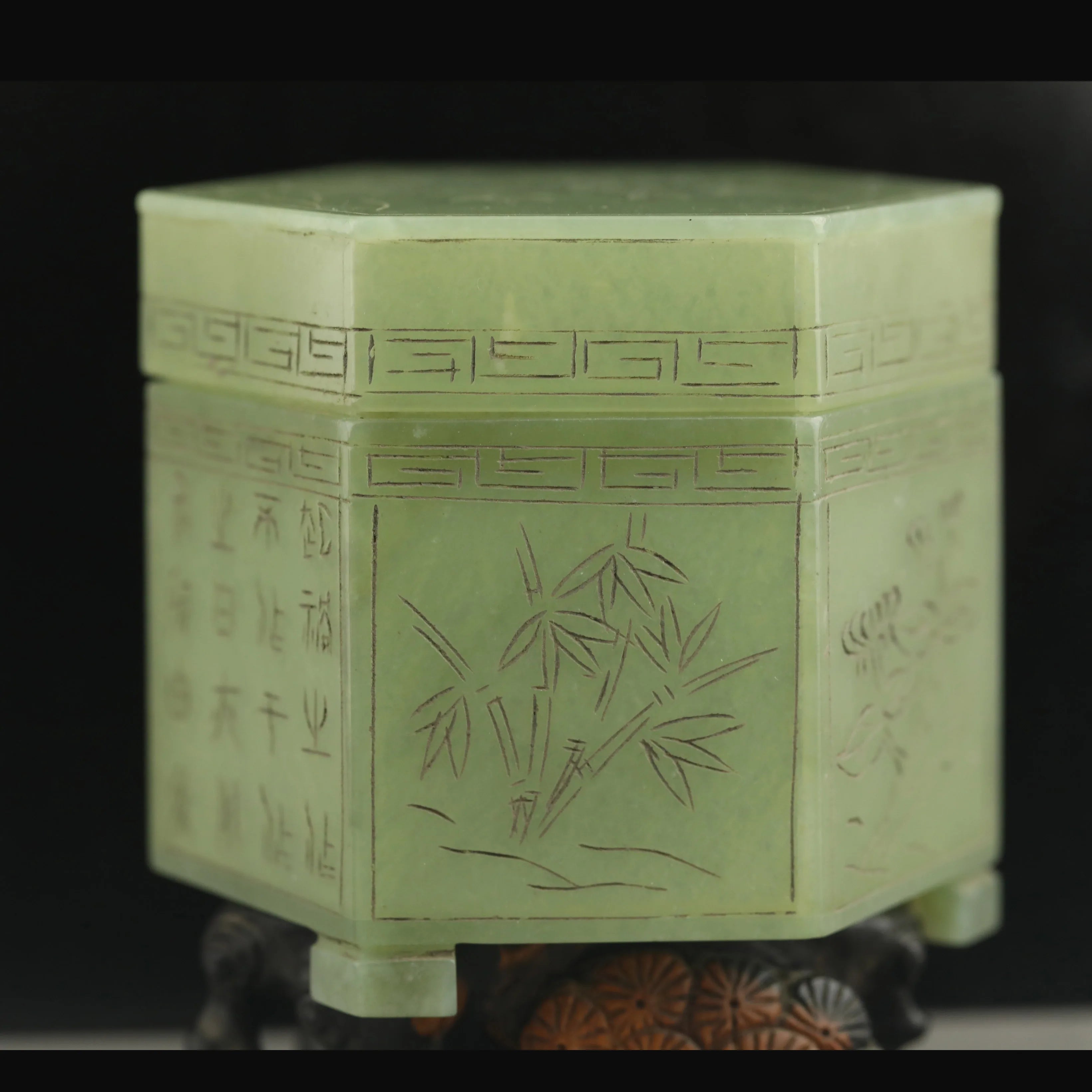 Natural hetian Jade Hand Carved four kind flower ancient characters bottle hexagon box  #33