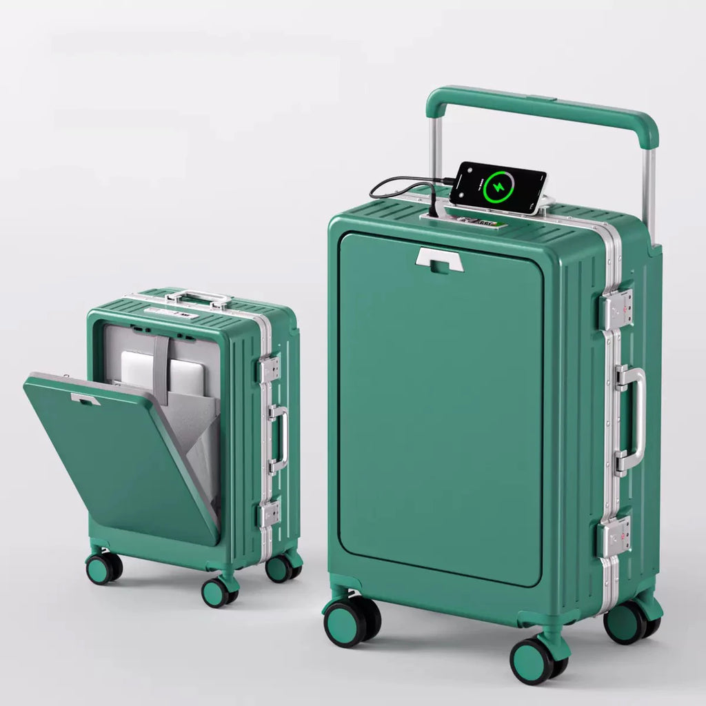 Front-Opening Luggage Box Carry-On Suitcase Swivel Wheels Charging Travel Suitcase Aluminum Frame Password Handle Boarding Plane