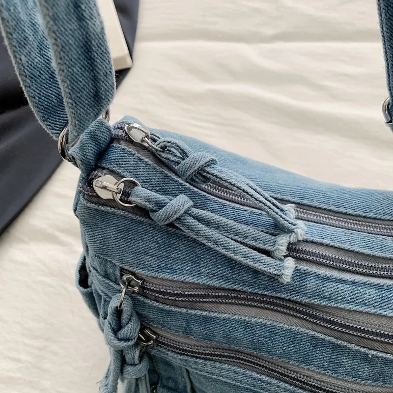 Korean Version Denim Crossbody Bag with Cute Butterfly Embroidery – Adjustable Strap, Multi-Pocket Small Sling for Women