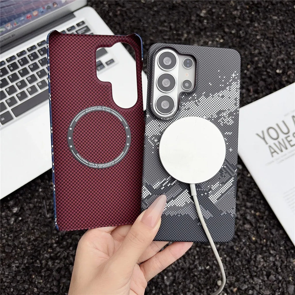 For Samsung S26 Ultra Frameless Ultra Thin PC Case For Magsafe Magnetic Slim Carbon Fiber Pattern Cover for Galaxy S25 Plus S26+