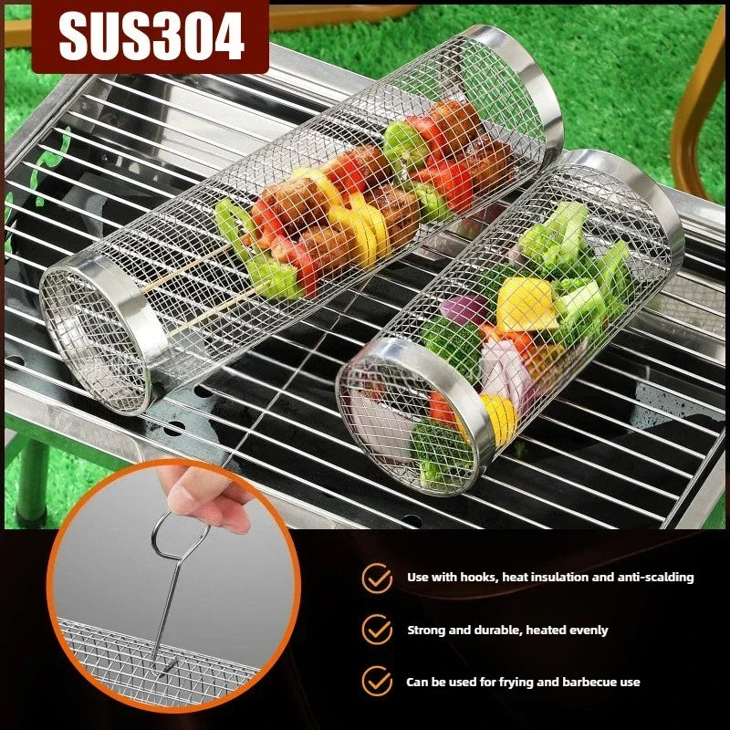 Portable Round Barbecue Net,304 Stainless Steel Barbecue Grill Nets,Rolling Barbecue Grill Cage,Barbecue Basket